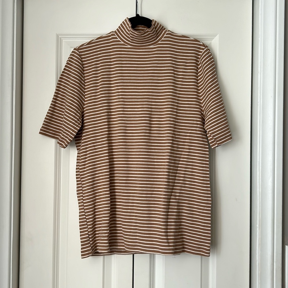 LOFT Brown and White Striped Short Sleeve Tee